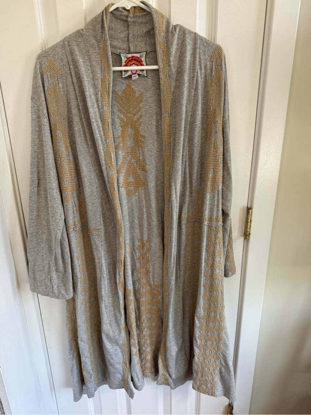 Johnny Was Gray Cardigan with Gold Embroidery